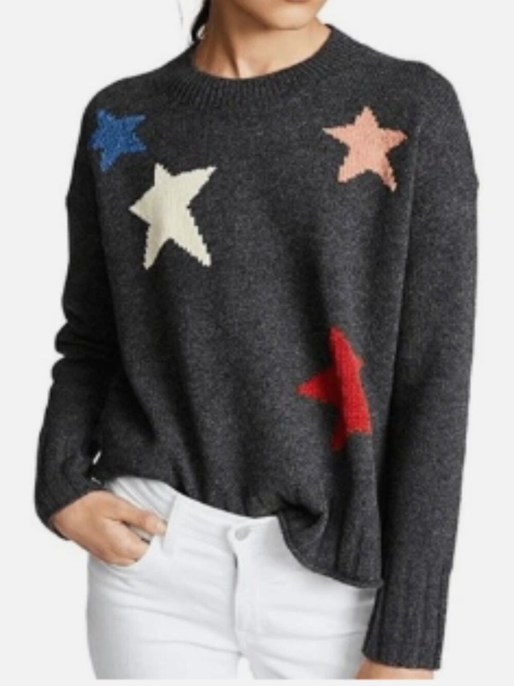 Madewell Star Intarsia Cropped Sweater Womens XS Crewneck Gray 100% Merino Wool.